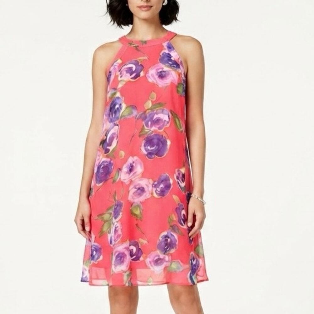 Betsey Johnson Floral Halter Dress Coral Pink Purple Shift A-Line Summer Size 6